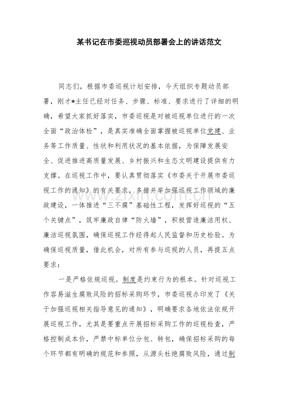 某书记在市委巡视动员部署会上的讲话范文.docx_第1页