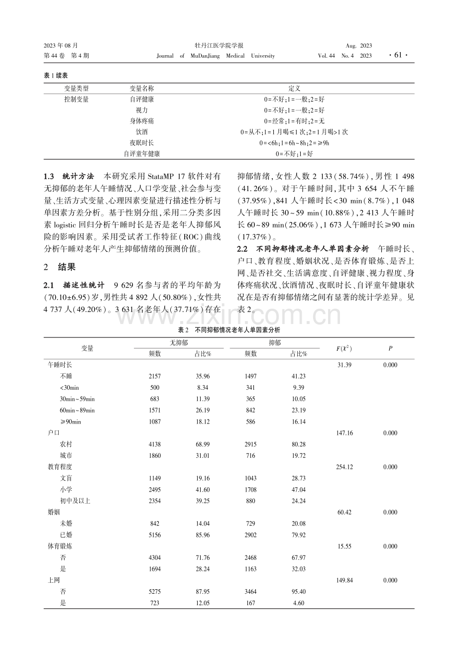 中国老年人午睡时间与抑郁的风险因素研究.pdf_第3页