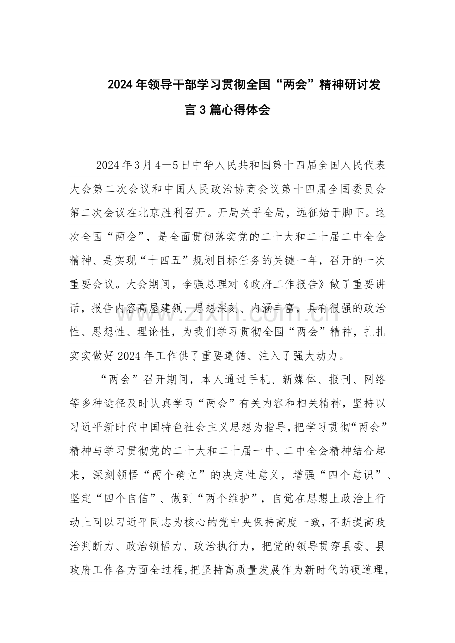 2024年领导干部学习贯彻全国“两会”精神研讨发言3篇心得体会.docx_第1页