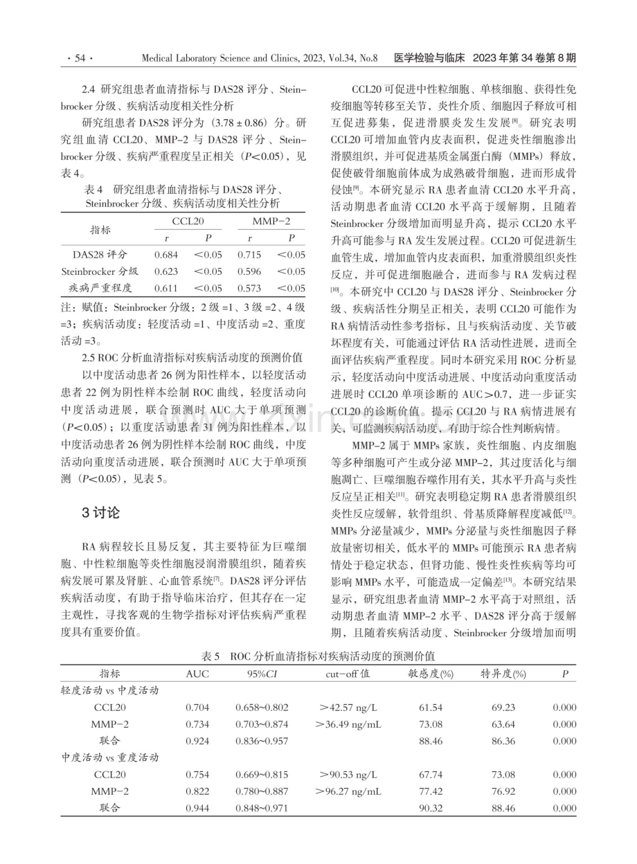 血清CCL20、MMP-2水平变化与类风湿性关节炎患者DAS28评分的相关性及临床意义.pdf_第3页