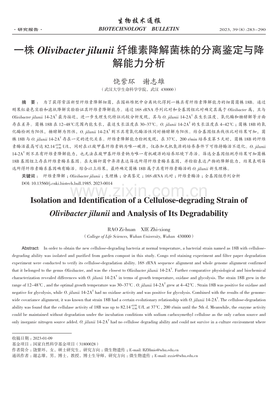 一株Olivibacter jilunii纤维素降解菌株的分离鉴定与降解能力分析.pdf_第1页