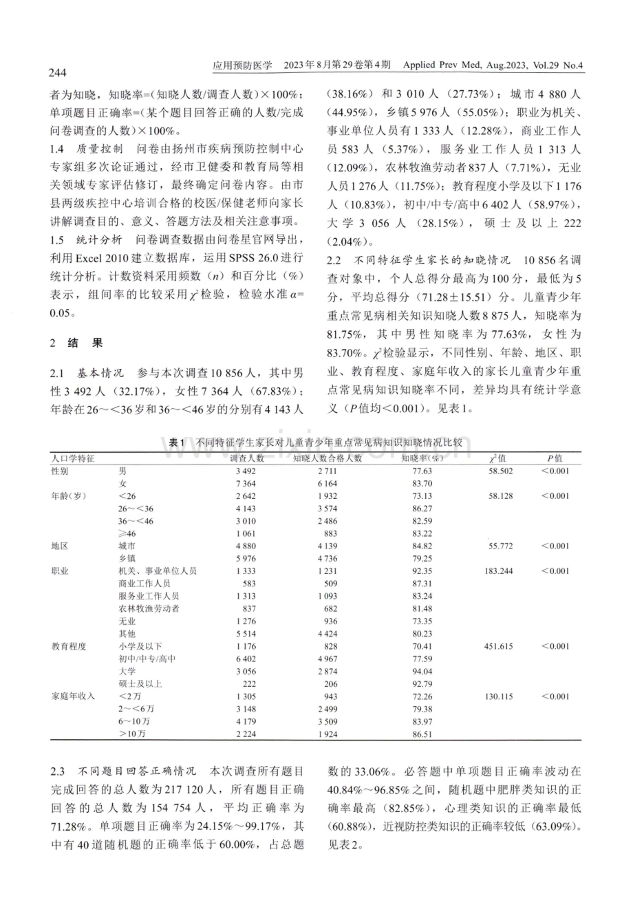 扬州市学生家长对儿童青少年重点常见病防控知识知晓现状分析.pdf_第2页