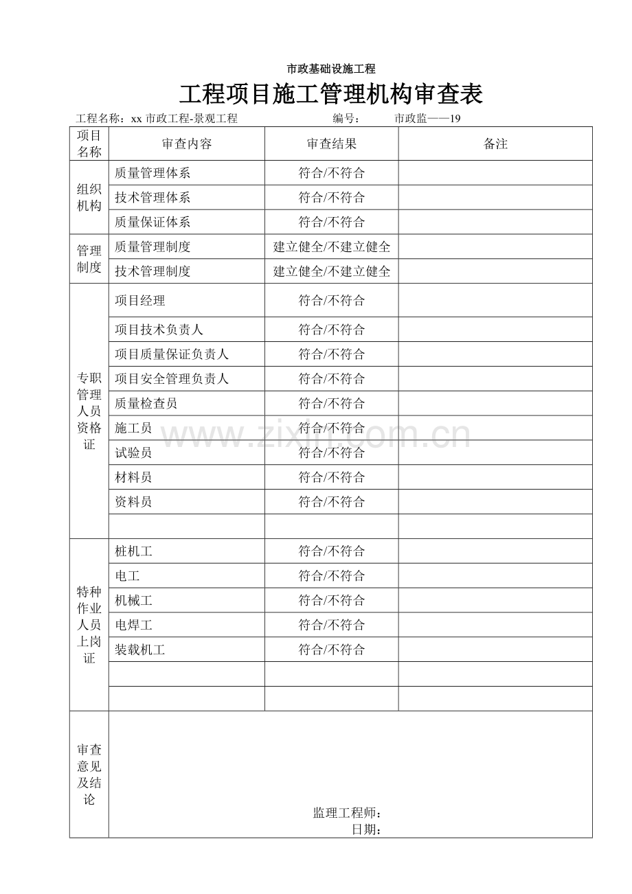 市政工程项目施工管理机构审查表.doc_第1页