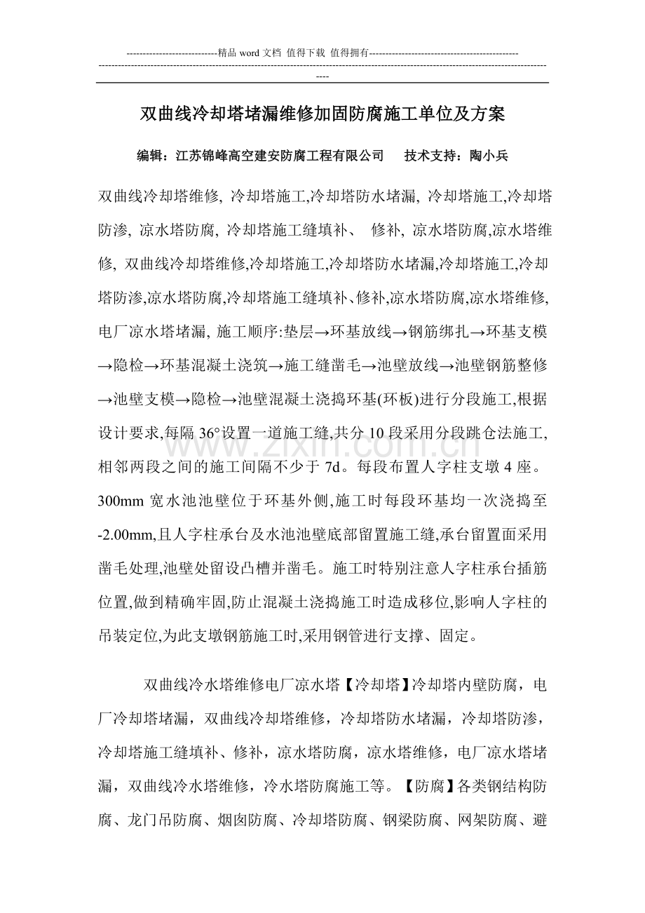 双曲线冷却塔堵漏维修加固防腐施工单位及方案.doc_第1页