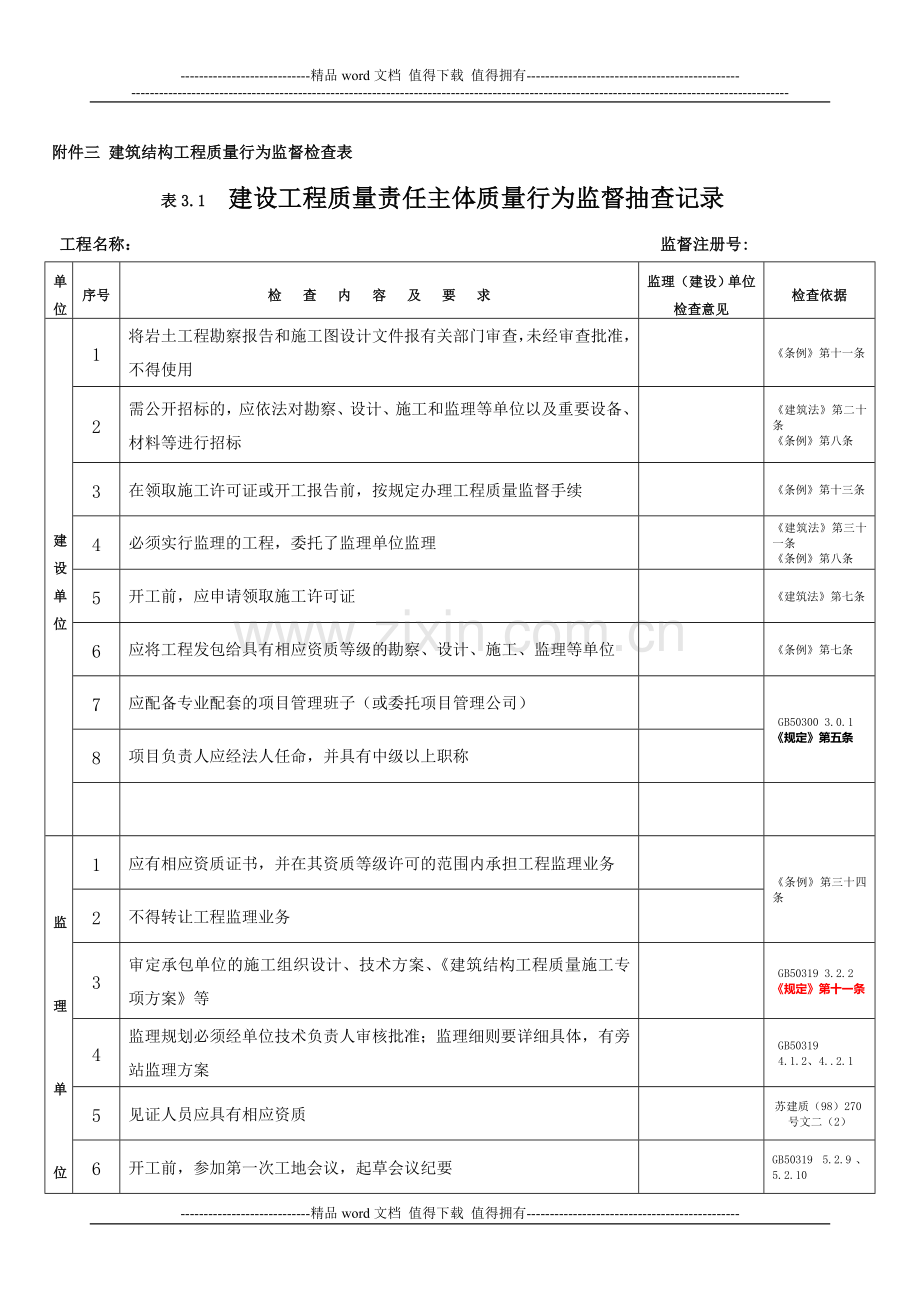 建设工程质量责任主体质量行为监督抽查记录附录三.doc_第1页