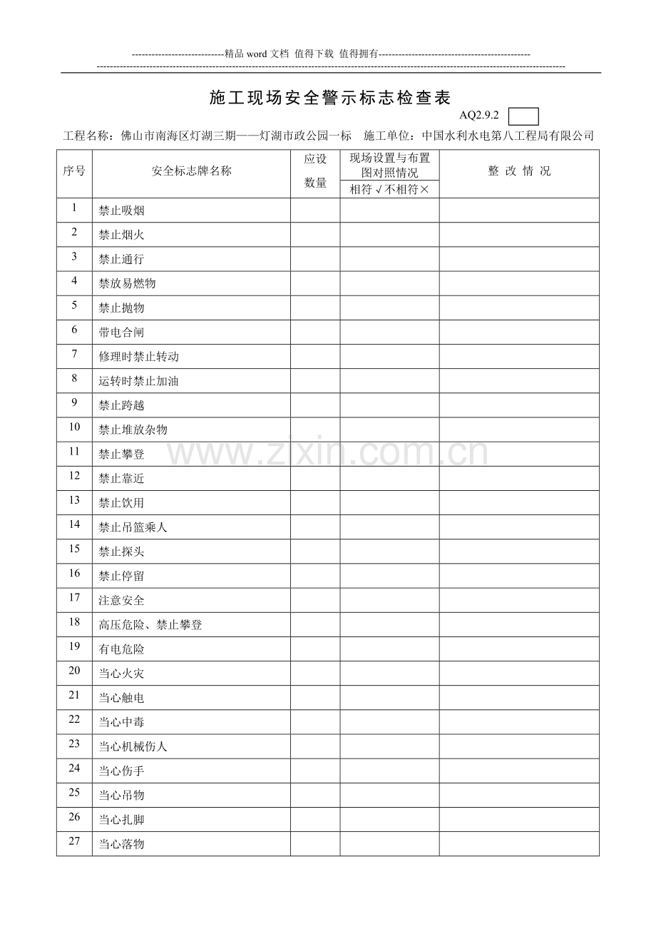 AQ2.9.2施工现场安全警示标志检查表.doc_第1页