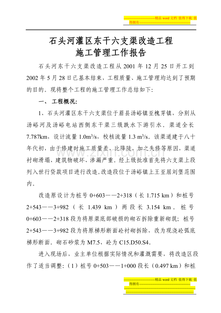 东干六支渠改造工程施工管理工作报告.doc_第1页