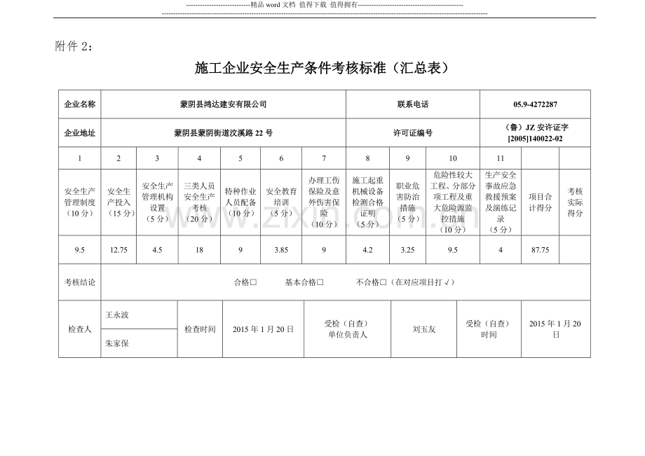 施工企业安全生产条件考核标准(汇总表).doc_第1页