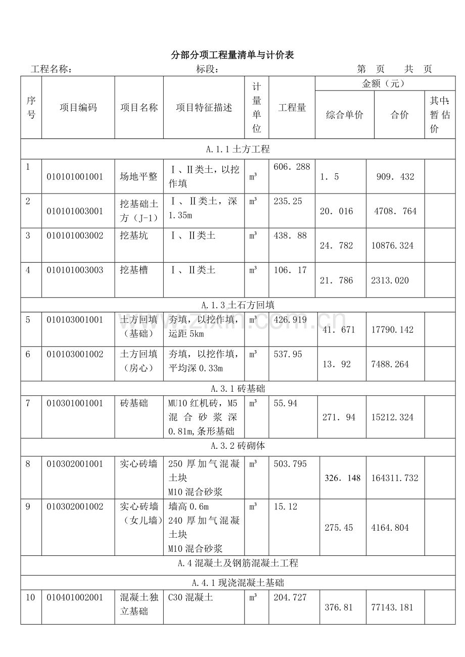 某三层框架结构工程综合实例讲解4分部分项工程量清单与计价表.doc_第1页