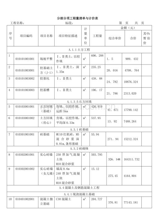 某三层框架结构工程综合实例讲解4分部分项工程量清单与计价表.doc