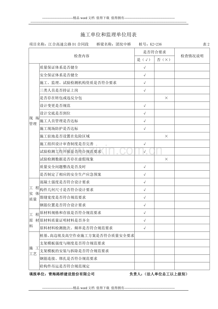 施工单位和监理单位用表(检查表).doc_第1页