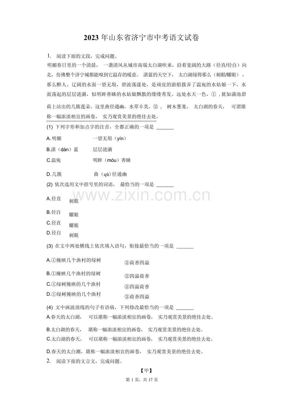 2023年山东省济宁市中考语文试卷(含答案解析).docx_第1页