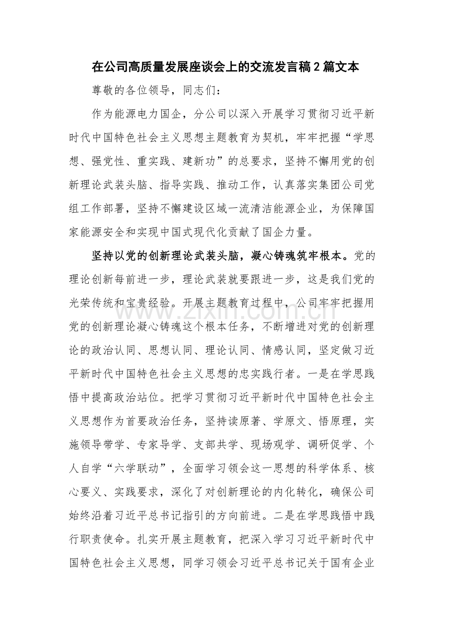 在公司高质量发展座谈会上的交流发言稿2篇文本.docx_第1页