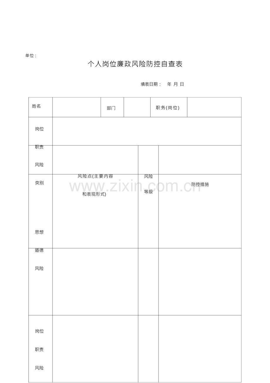 个人岗位廉政风险防控自查表.docx_第1页