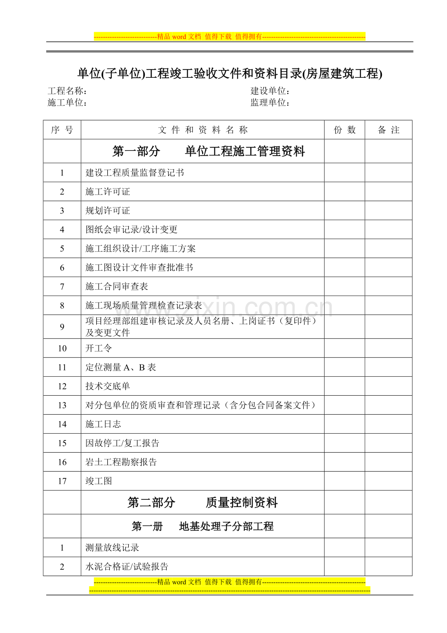 单位(子单位)工程竣工验收文件和资料目录.docx_第1页