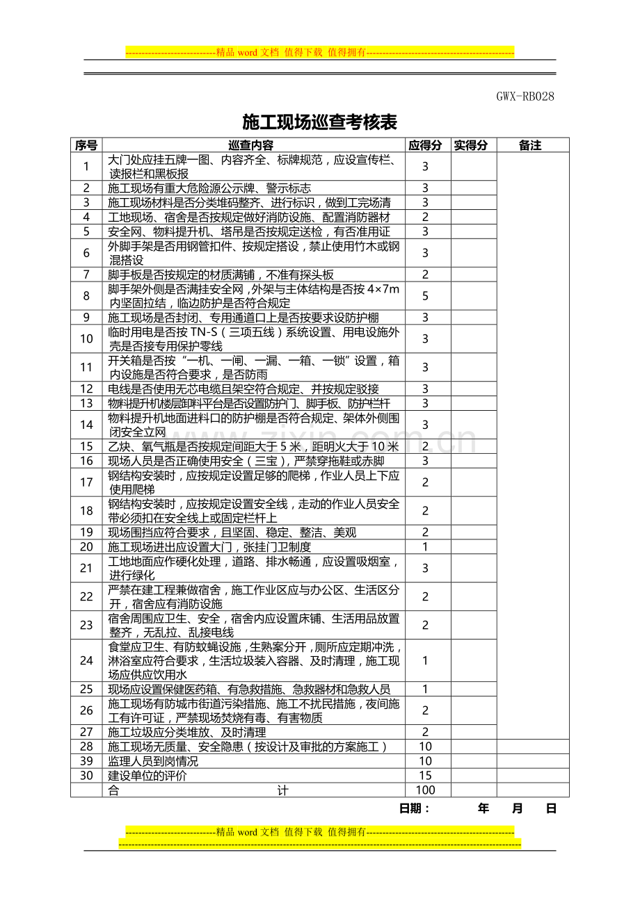 GWX-RB028-施工现场巡查考核表.doc_第1页