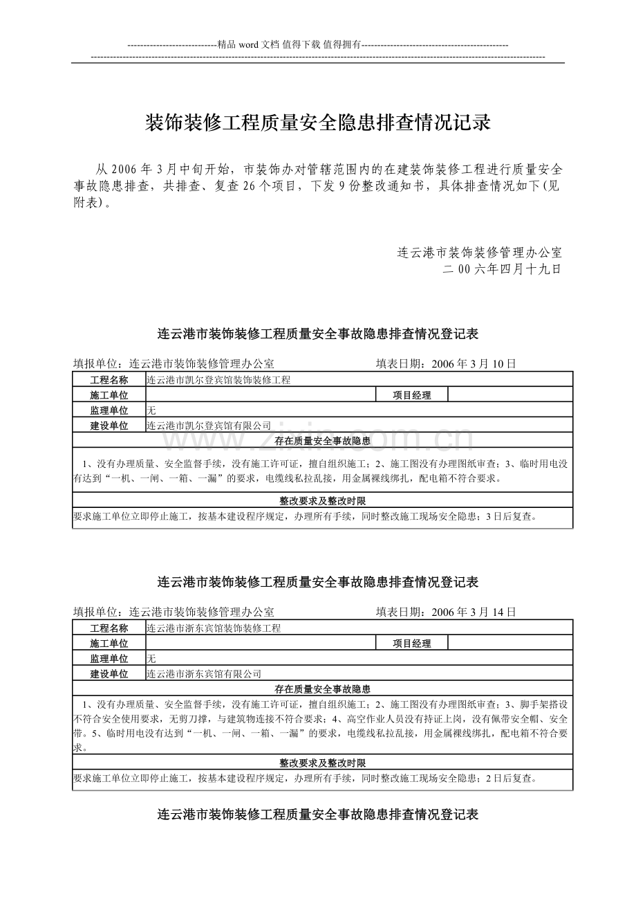 装饰装修工程质量安全隐患排查情况记录.doc_第1页