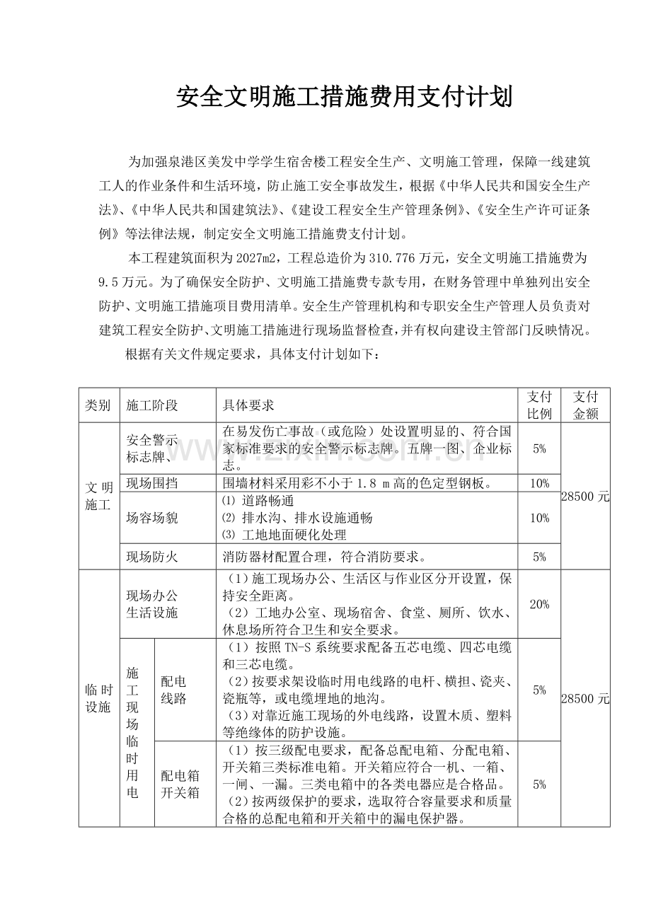 建设工程安全作业环境及安全施工措施费支付计划.doc_第1页