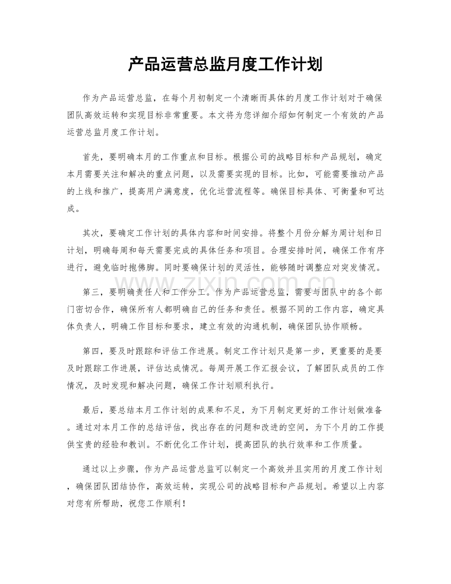 产品运营总监月度工作计划.docx_第1页