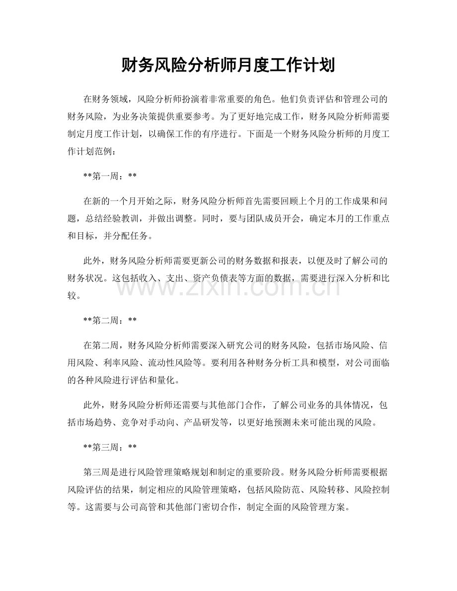 财务风险分析师月度工作计划.docx_第1页