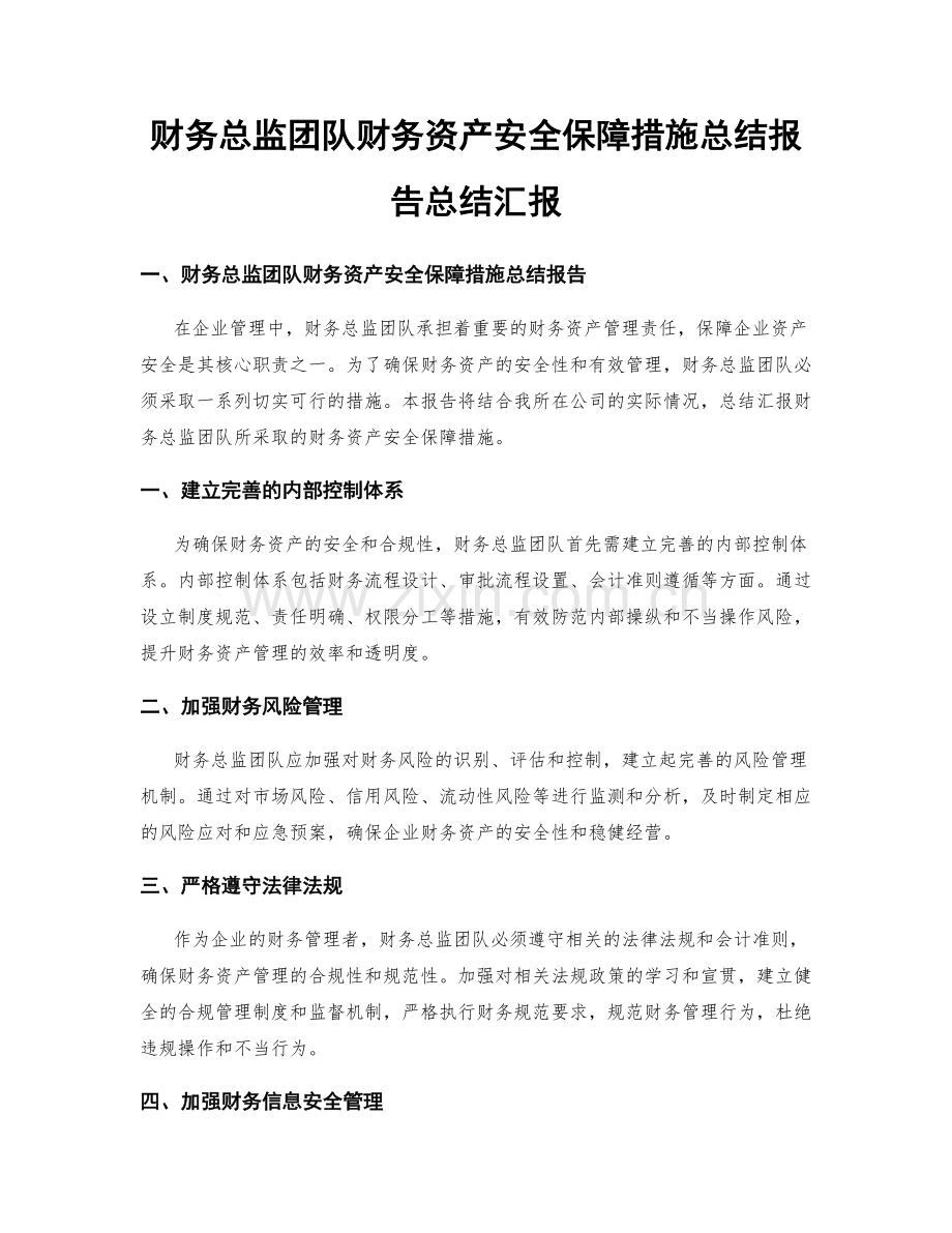 财务总监团队财务资产安全保障措施总结报告总结汇报.docx_第1页