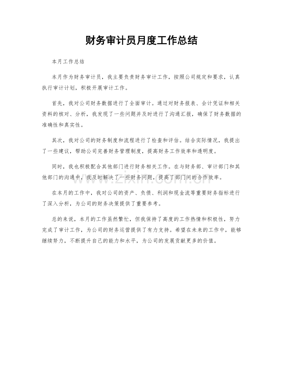 财务审计员月度工作总结.docx_第1页