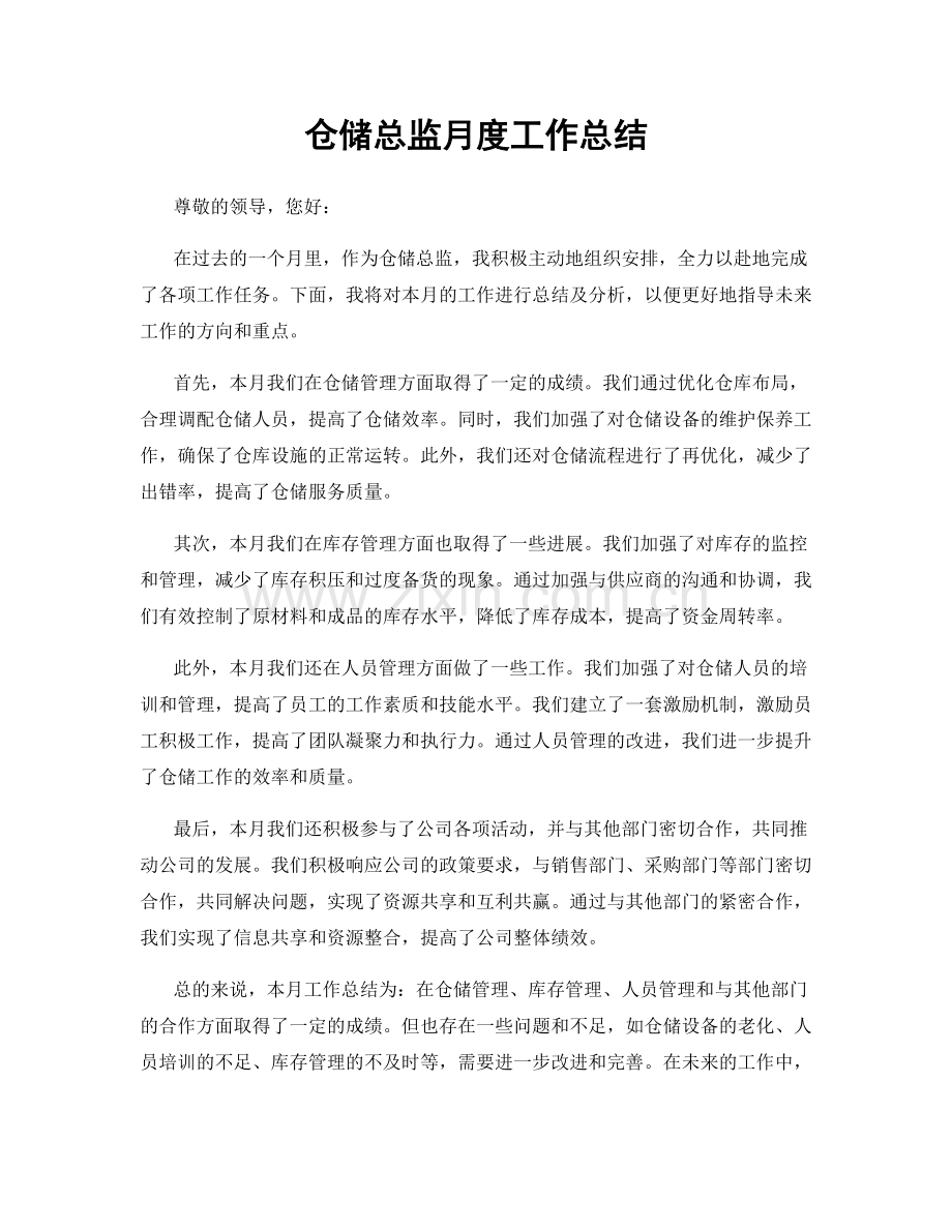 仓储总监月度工作总结.docx_第1页