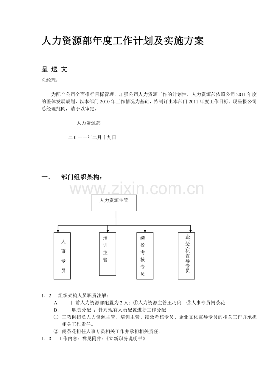 人力资源部年度工作计划及实施方案.doc_第1页