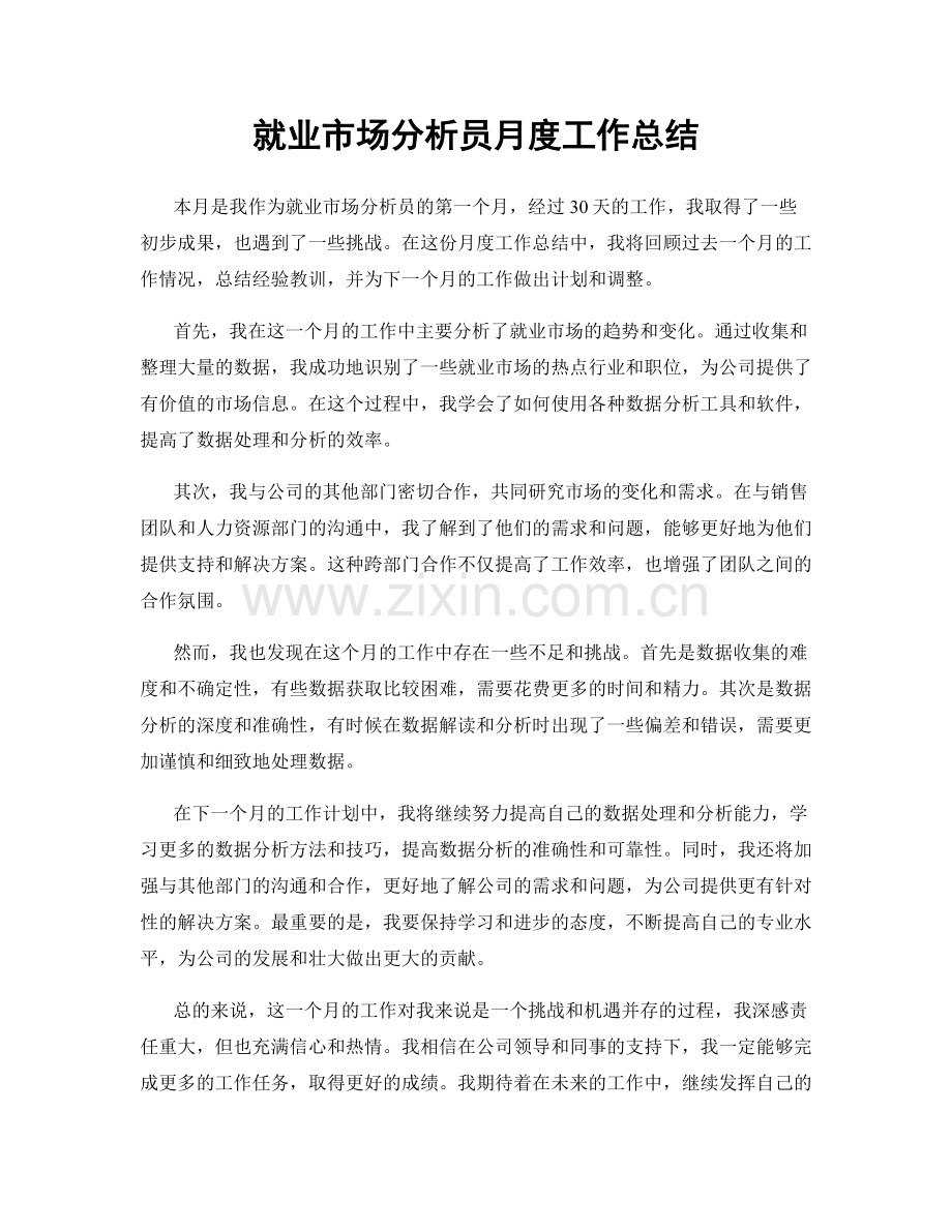 就业市场分析员月度工作总结.docx_第1页