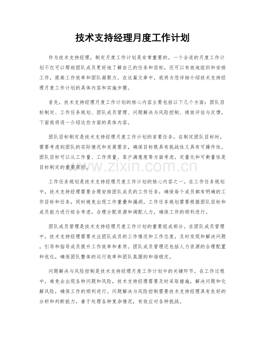 技术支持经理月度工作计划.docx_第1页