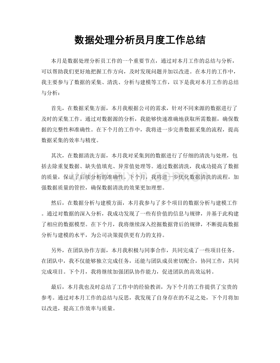 数据处理分析员月度工作总结.docx_第1页