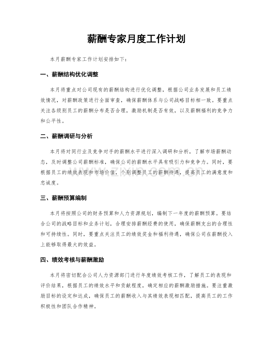 薪酬专家月度工作计划.docx_第1页