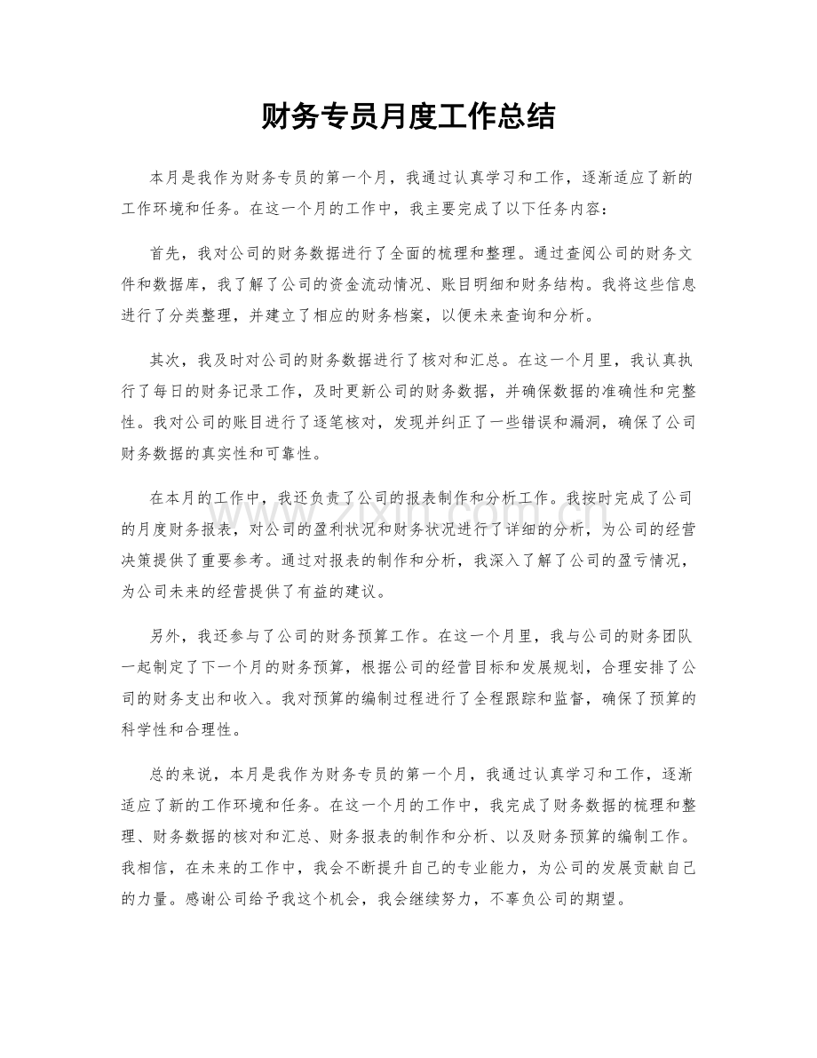 财务专员月度工作总结.docx_第1页