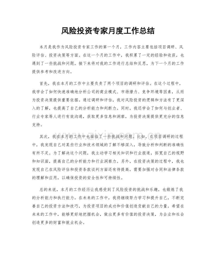 风险投资专家月度工作总结.docx_第1页