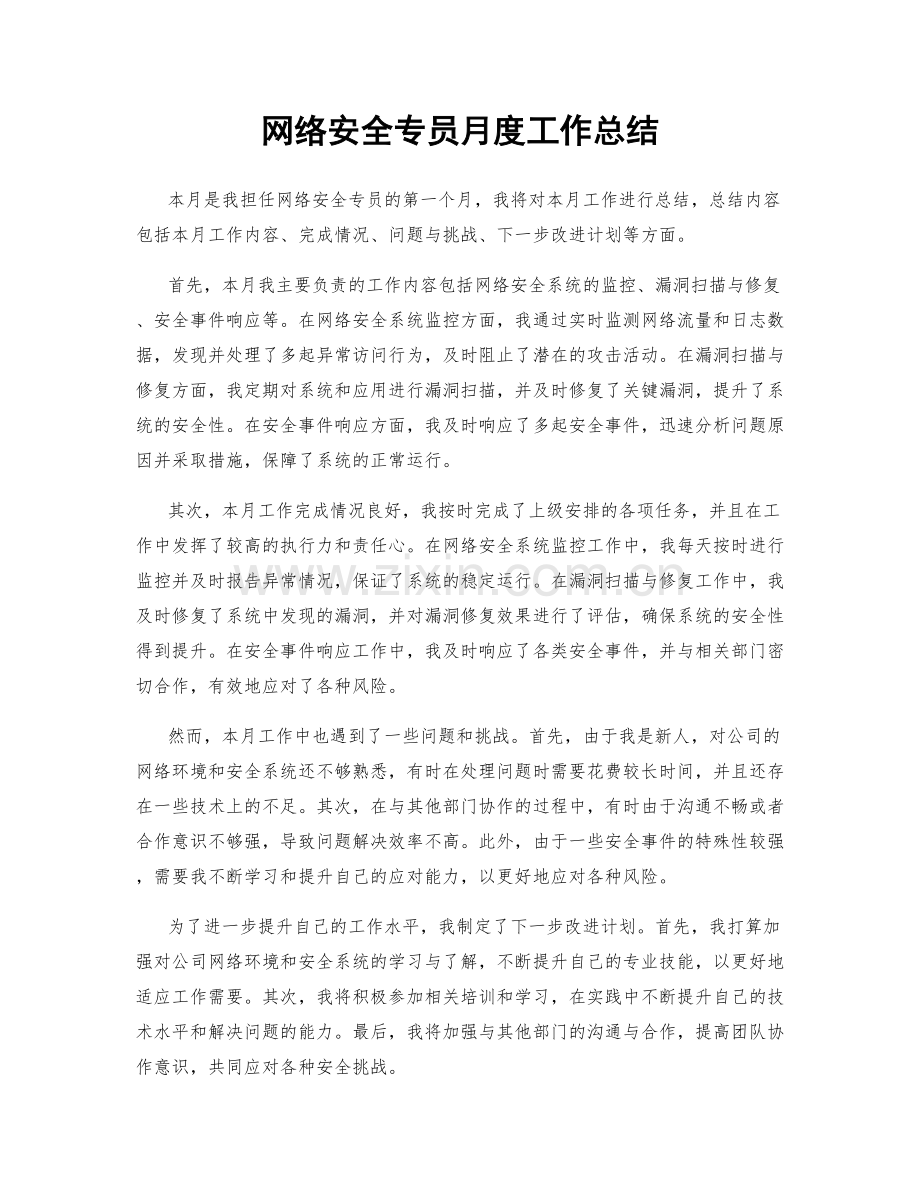 网络安全专员月度工作总结.docx_第1页