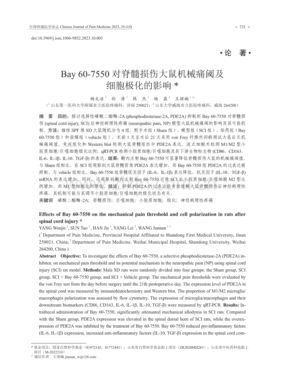 Bay 60-7550对脊髓损伤大鼠机械痛阈及细胞极化的影响.pdf_第1页