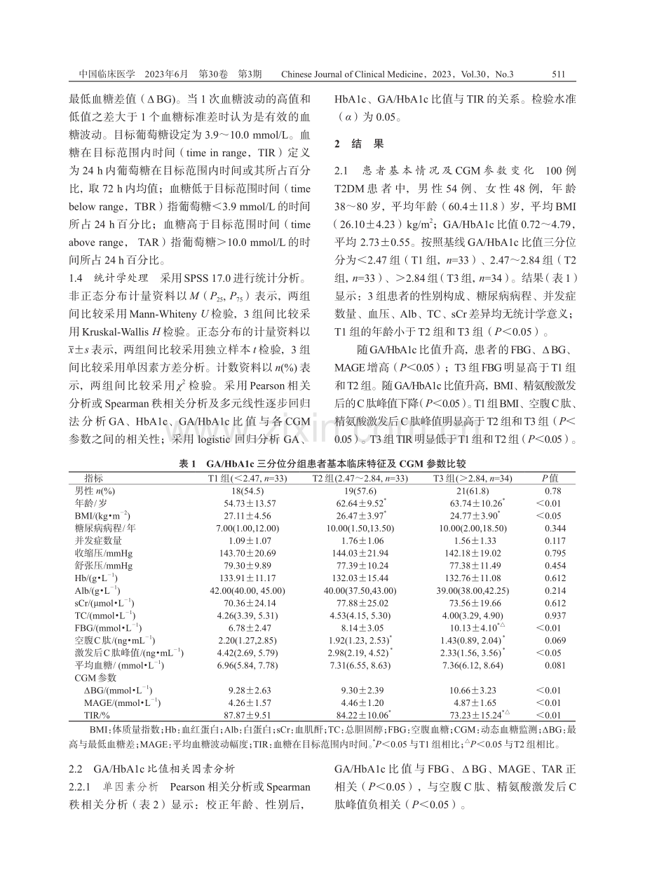 2型糖尿病患者糖化白蛋白_糖化血红蛋白比值与动态血糖参数的相关性分析.pdf_第3页