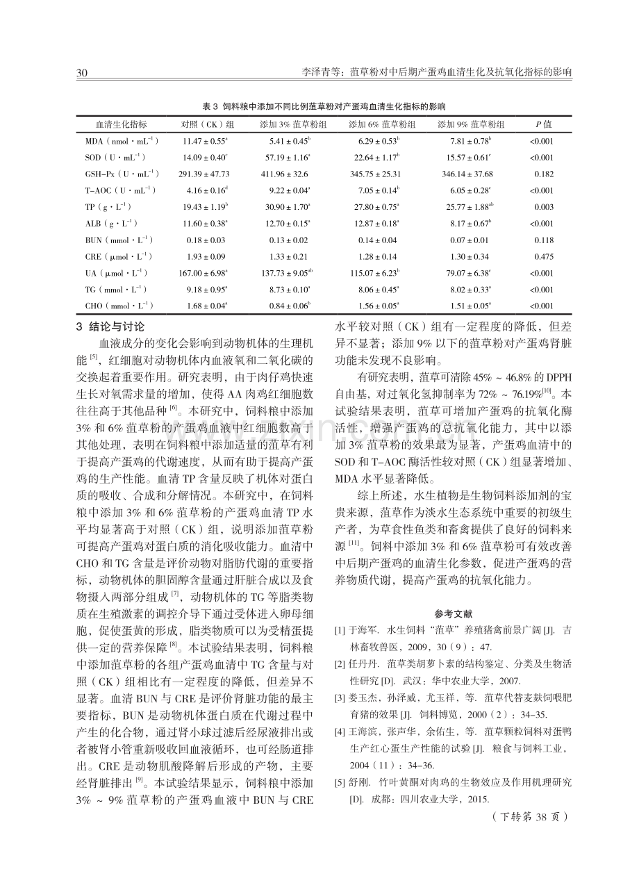 菹草粉对中后期产蛋鸡血清生化及抗氧化指标的影响.pdf_第3页