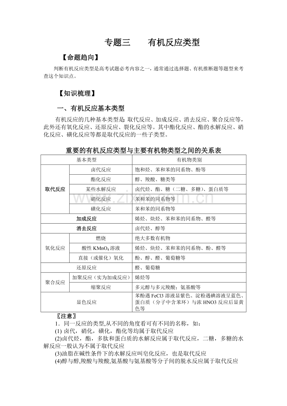 高三化学总复习教案专题三有机反应类型.doc_第1页