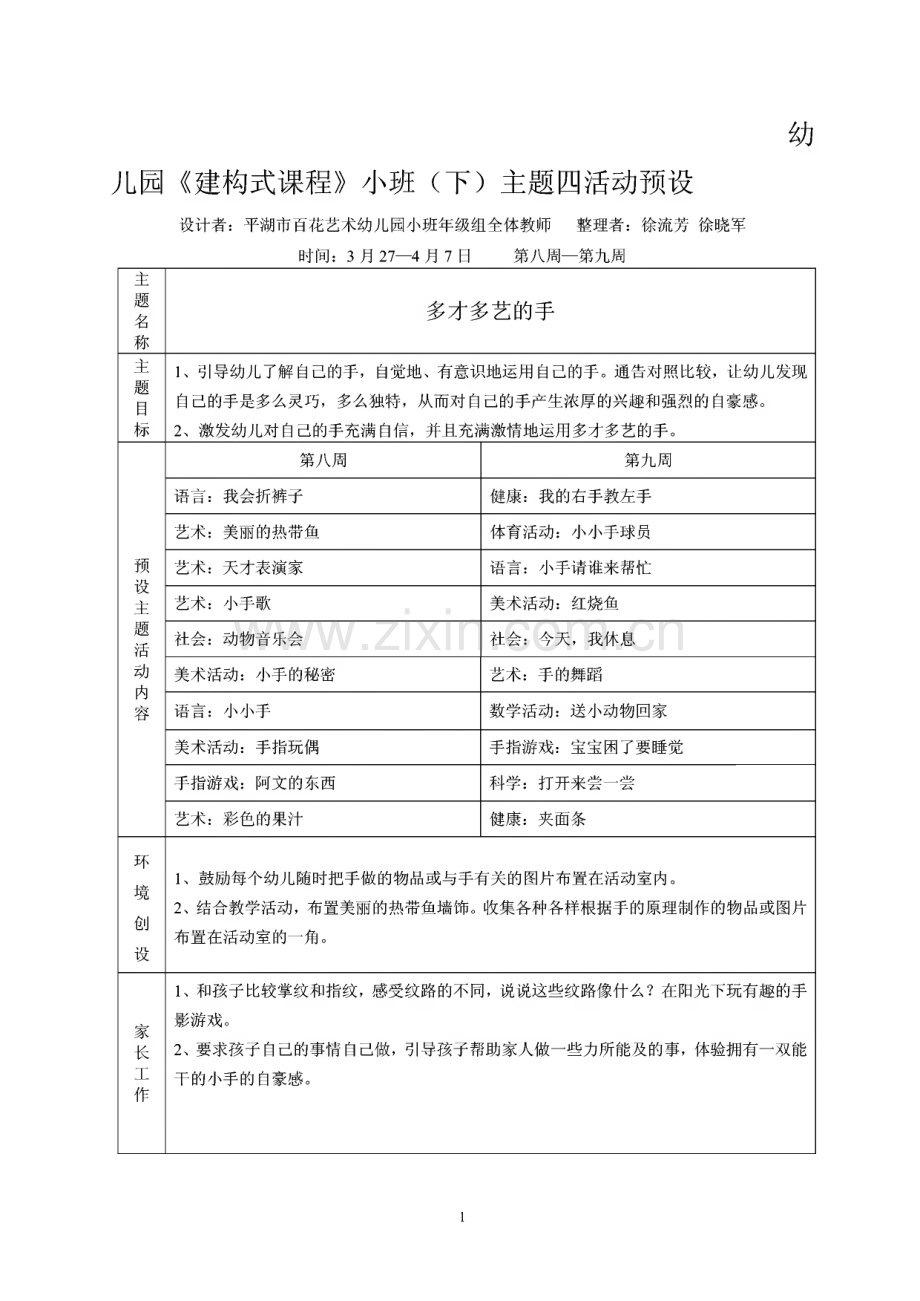 幼儿园建构式课程小班(下)主题四活动预设.pdf_第1页