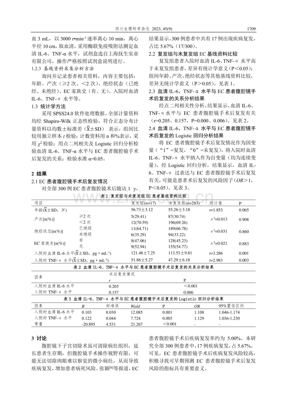 子宫内膜癌患者血清IL-6、TNF-α的表达及与术后复发的相关性分析.pdf_第2页