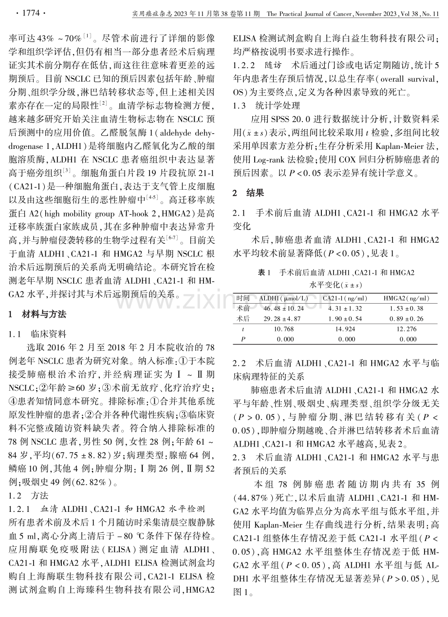 Ⅰ_Ⅱ期老年肺癌患者ALDH1、CA21-1、HMGA2表达与术后远期预后的关系.pdf_第2页