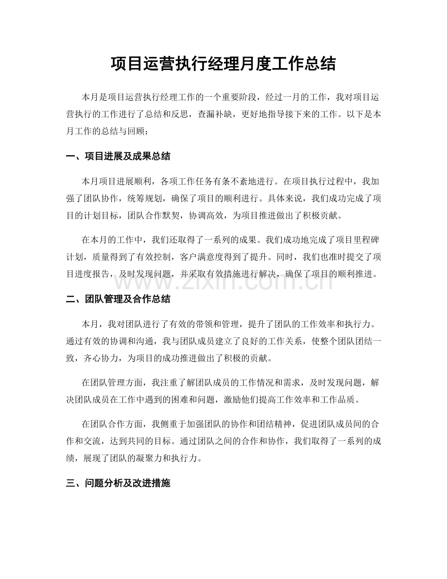 项目运营执行经理月度工作总结.docx_第1页