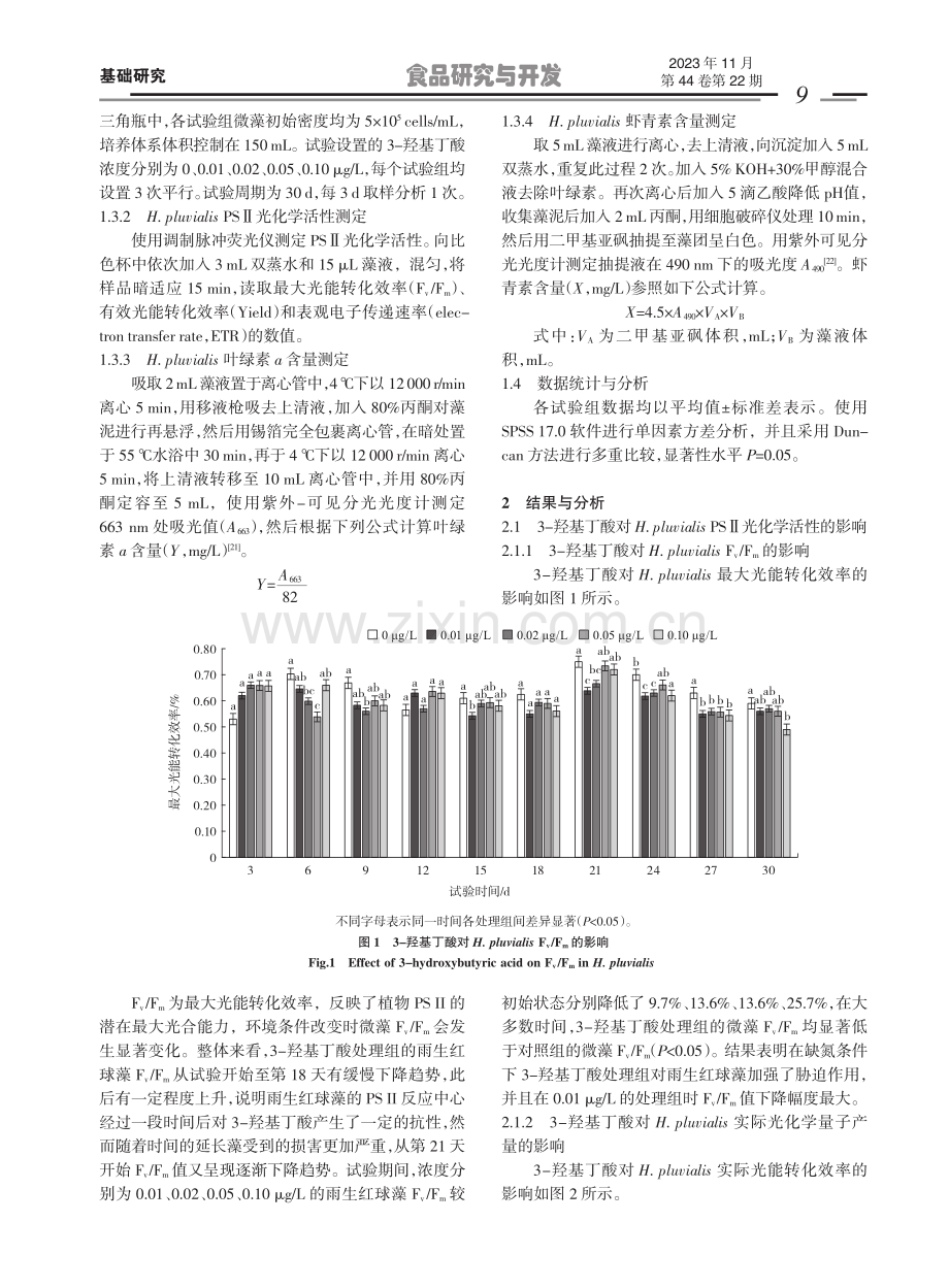 3-羟基丁酸对雨生红球藻PSⅡ光化学活性与色素合成的影响.pdf_第3页