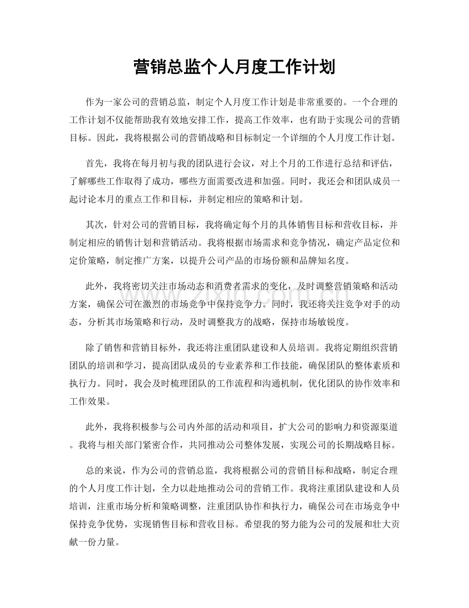 营销总监个人月度工作计划.docx_第1页