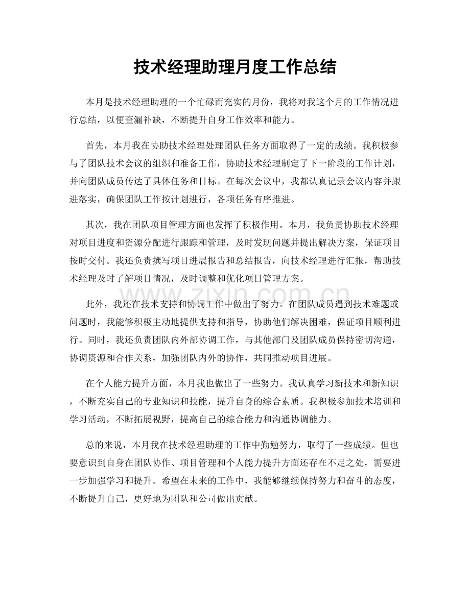 技术经理助理月度工作总结.docx_第1页