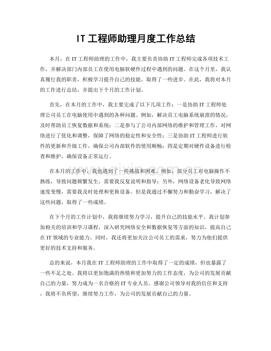 IT工程师助理月度工作总结.docx_第1页