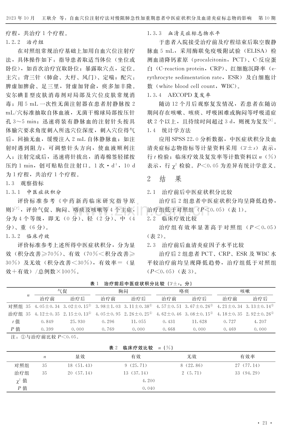 自血穴位注射疗法对慢阻肺急性加重期患者中医症状积分及血清炎症标志物的影响.pdf_第2页