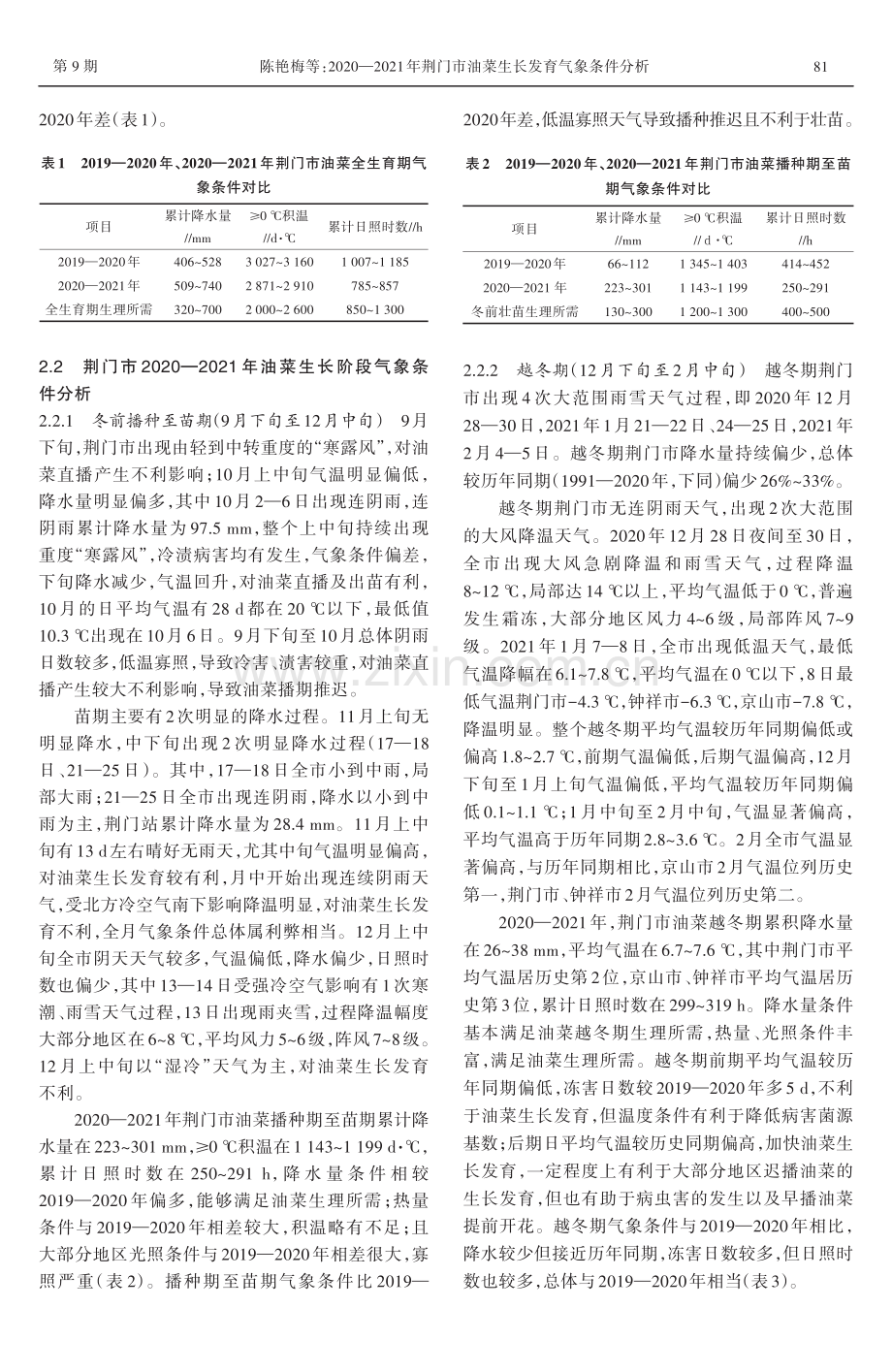 2020—2021年荆门市油菜生长发育气象条件分析.pdf_第2页