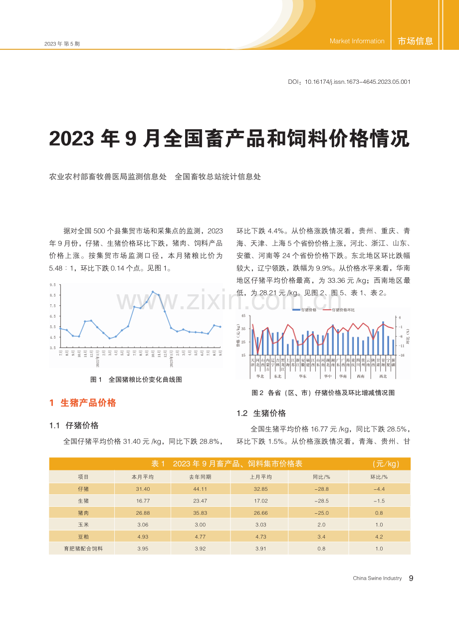 2023年9月全国畜产品和饲料价格情况.pdf_第1页